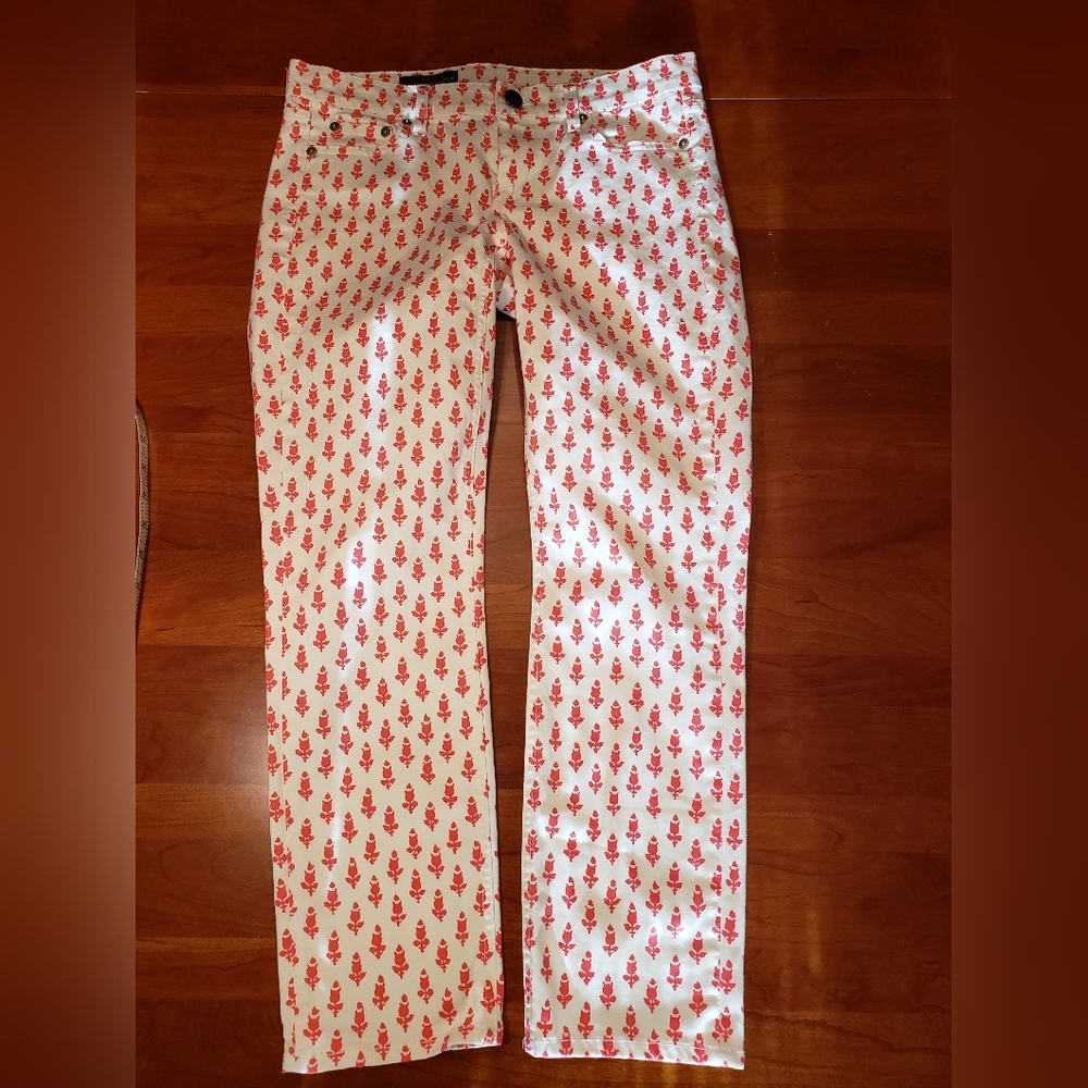 J. Crew Cropped Matchstick Jeans, Size 27, white and coral print.